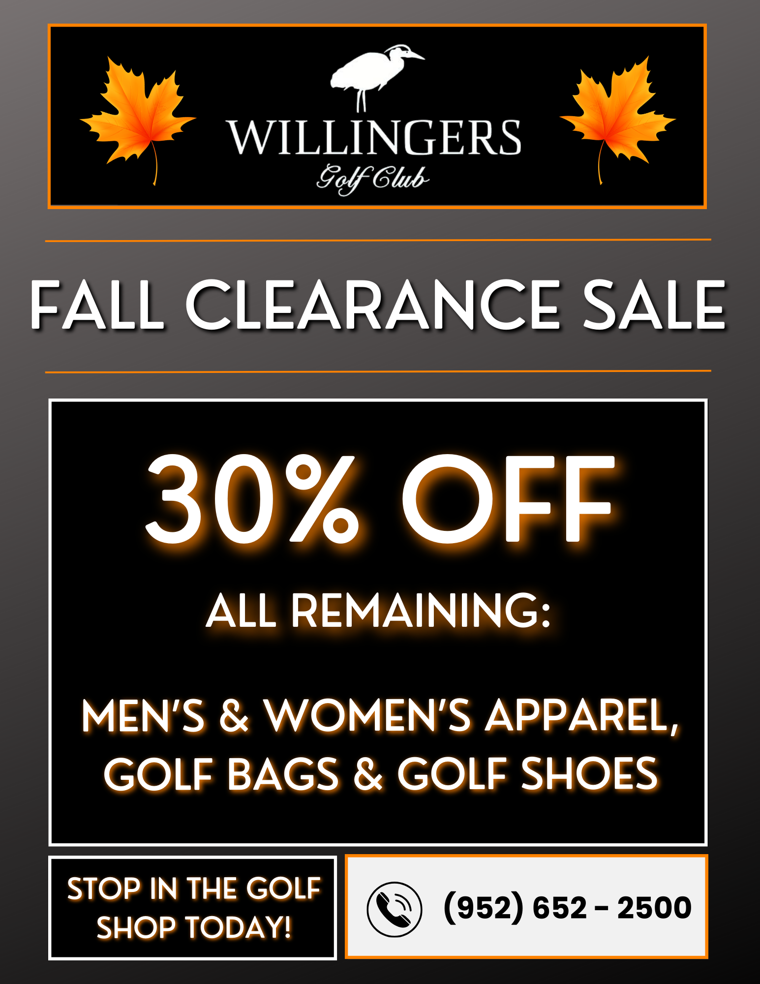Willingers Golf Club | Home (Engage Box) - (September 2023) Willingers Golf Club Home (Engage Box) – (September 19th, 2023) Fall Clearance Sale (Flyer / Popup)